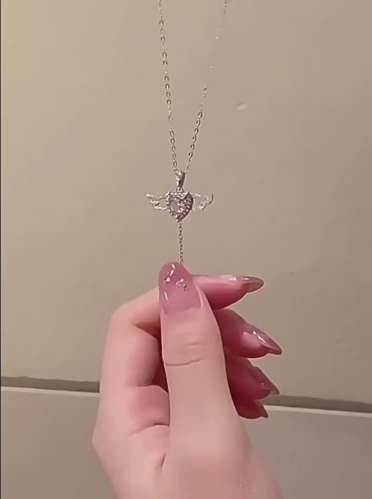 Silver Plated Chain With Heart Angel Wings Pendant